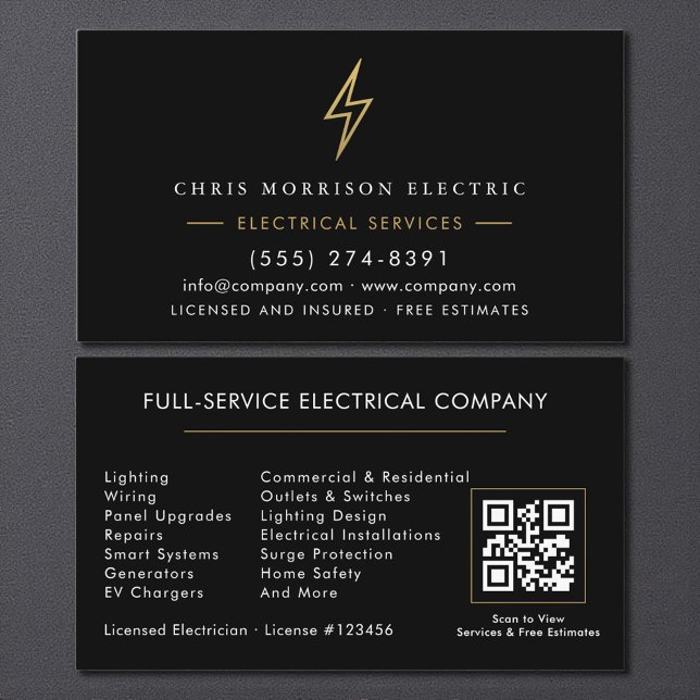 Cartão De Visita Electrician – Modern Black Gold Electrical Service (Criador carregado)