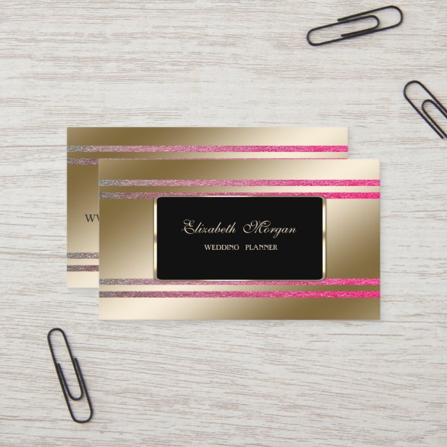 Cartão De Visita Elegan, Preto Frame Faux Dourado Glittery Strips (Frente/Verso In Situ)