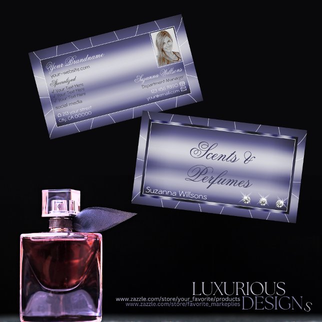 Cartão De Visita Elegance Blue Na moda com Ouros Faux e Foto (Criador carregado)