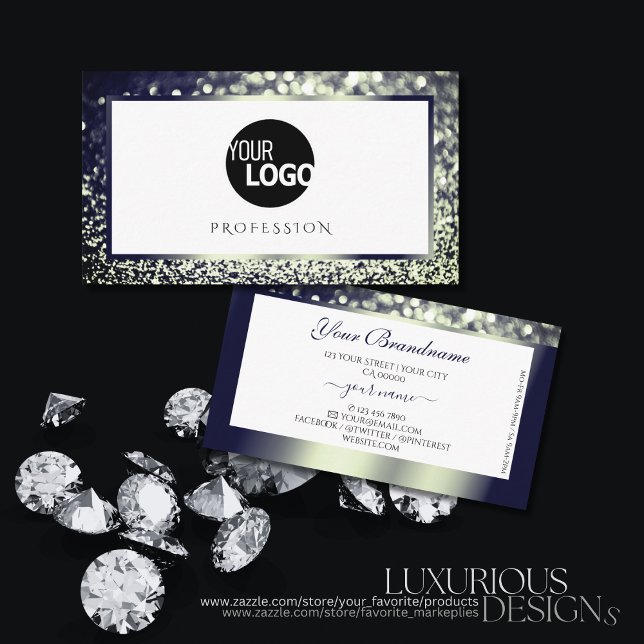 Cartão De Visita Elegance Blue Silver Ombre Glitter White para adic (Criador carregado)