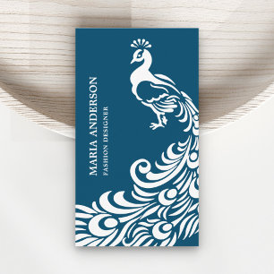 Cartão De Visita Elegância Moderna Chic Azul e Branco Pavão