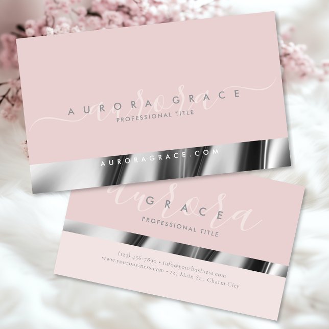 Cartão De Visita Elegância prateada rosa (Criador carregado)