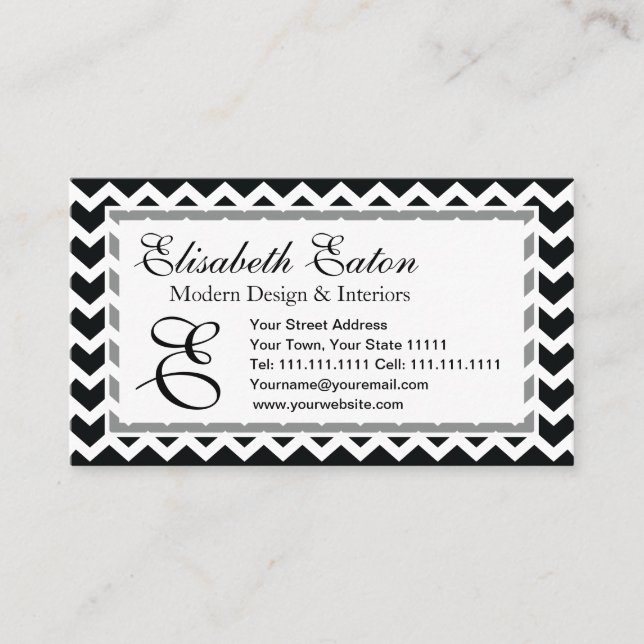 Cartão De Visita Elegância retro do ziguezague preto e branco de (Frente)