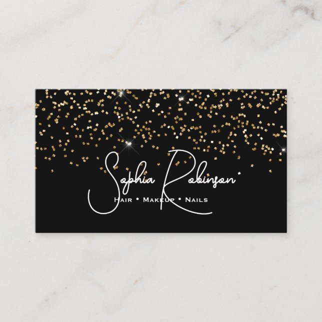 Cartão De Visita Elegant Black and Gold Glitter Salon Business Card (Frente)