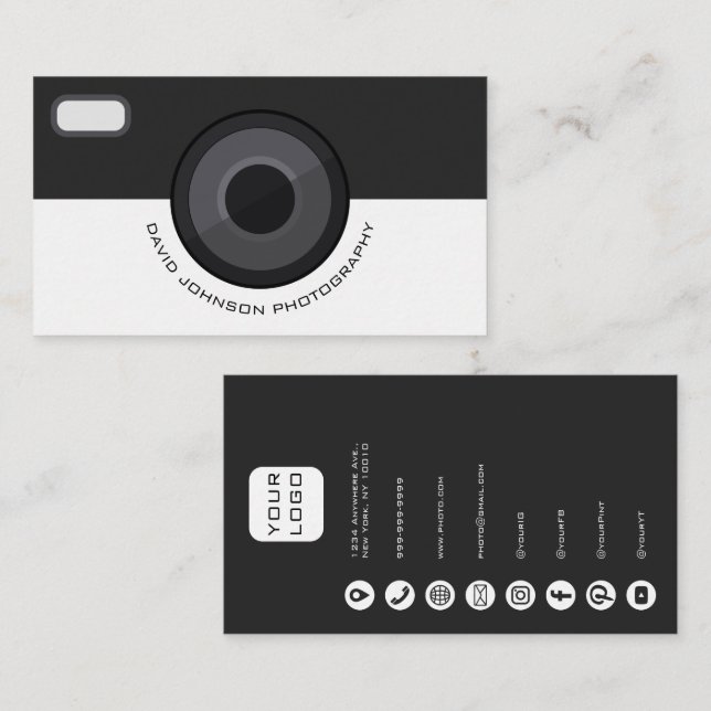 Cartão De Visita Elegant Black and White Photographer Business Card (Frente/Verso)