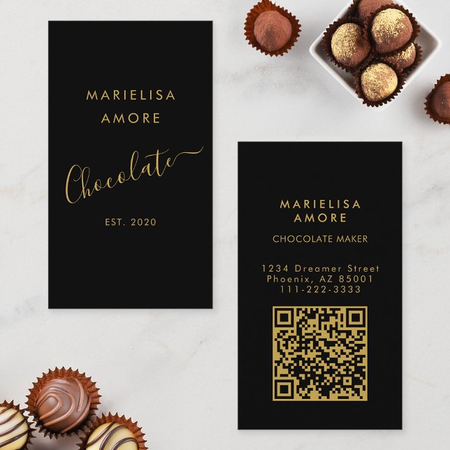 Cartão De Visita Elegant Black Gold Script Chocolate Qr Code (Criador carregado)