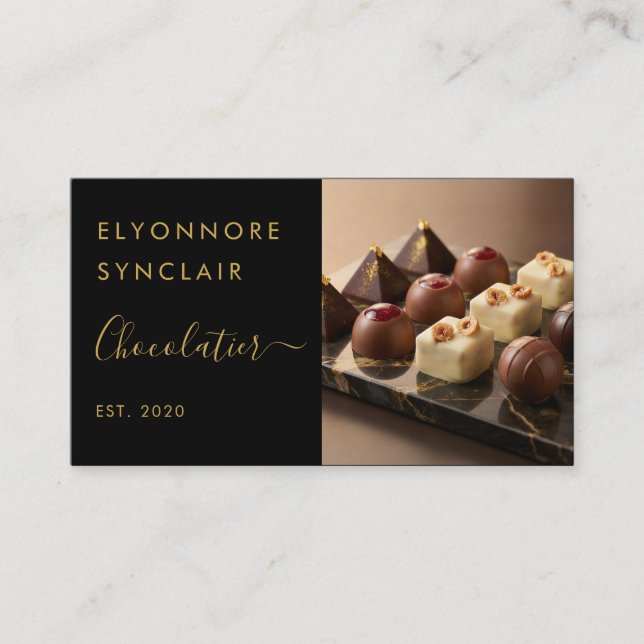 Cartão De Visita Elegant Black Gold Script Chocolatier Branding (Frente)