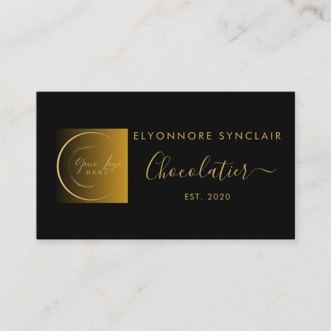 Cartão De Visita Elegant Black Gold Script Logo Chocolatier (Frente)