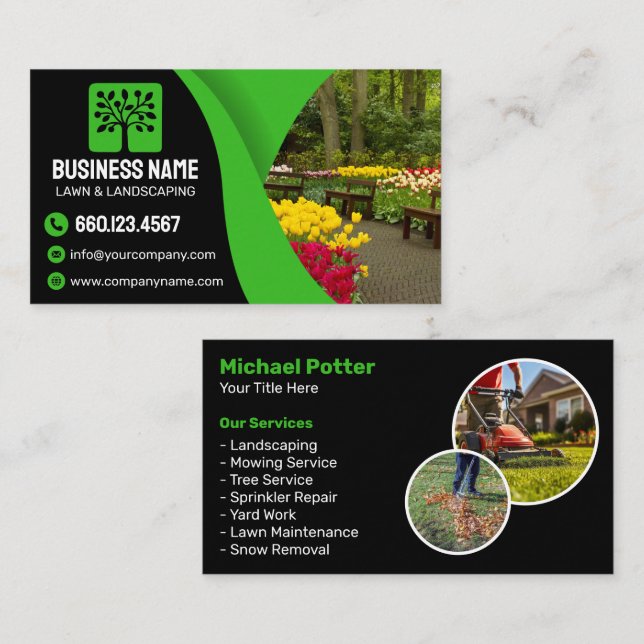 Cartão De Visita Elegant Black Green Landscaping Lawn Care Service (Frente/Verso)