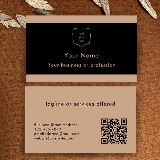 Cartão De Visita Elegant Black & Tan Logo QR Code Professional (Custom elegant modern black and tan professional business card templates. Add logo and QR code.
)
