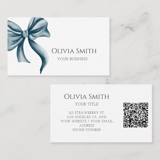 Cartão De Visita Elegant Blue Bow QR Code (Frente/Verso)