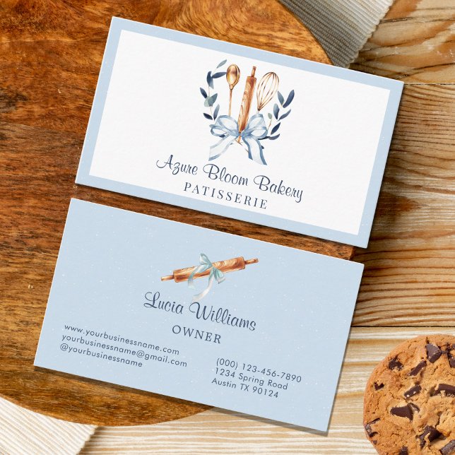 Cartão De Visita Elegant Blue Coquette Bow Utensils Bakery (Watercolor Blue bow utensils bakery business card)