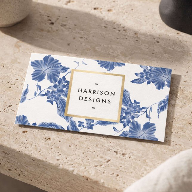 Cartão De Visita Elegant Blue Floral Interior Designer (Criador carregado)