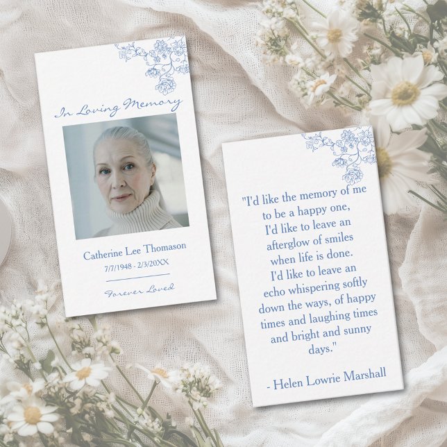 Cartão De Visita Elegant Blue Floral Photo Prayer Card (Elegant Blue Floral Photo Prayer Card)
