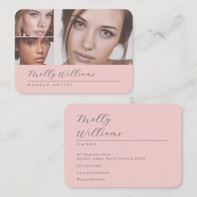 Cartão De Visita Elegant Blush Pink Black Script 3 Photo Makeup (Frente/Verso)