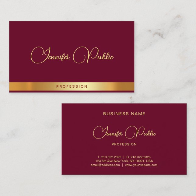 Cartão De Visita Elegant Calligraphy Script Name Gold Text Ruby Red (Frente/Verso)