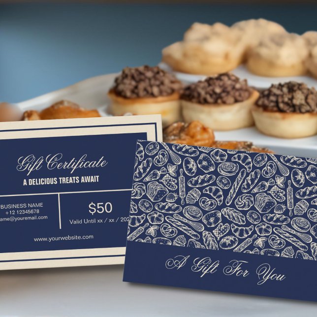 Cartão De Visita Elegant Classic Navy Blue Bakery Pattern Gift Card (Criador carregado)