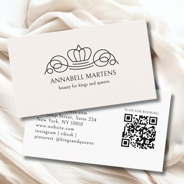 Cartão De Visita Elegant Crown Salon Beige QR Code (Elegant Crown Salon Beige QR Code Business Card)