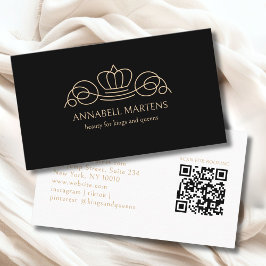 Cartão De Visita Elegant Crown Salon Black Beige QR Code