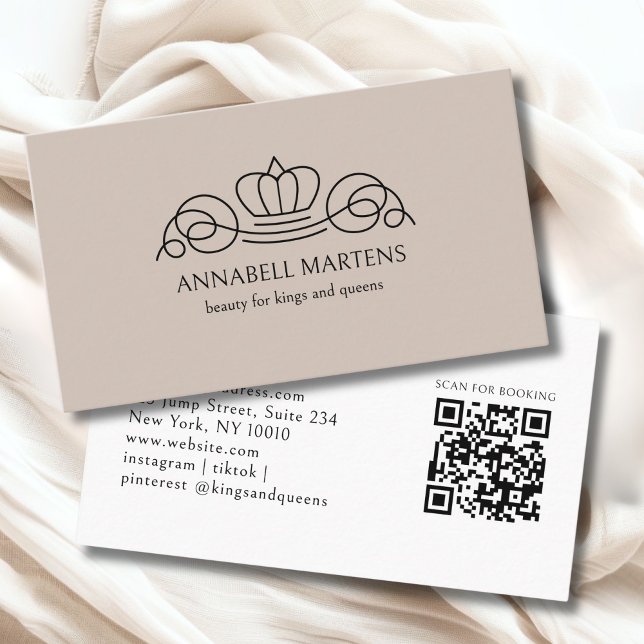 Cartão De Visita Elegant Crown Salon Light Brown QR Code (Elegant Crown Salon Light Brown QR Code Business Card)