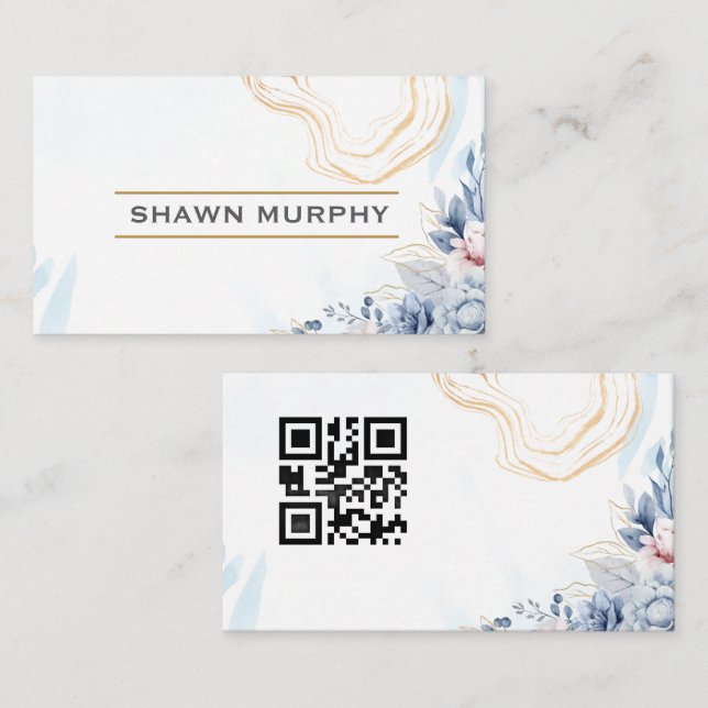 Cartão De Visita Elegant Floral Gold Line QR Code Business Card (Frente/Verso)