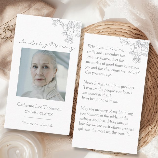Cartão De Visita Elegant Floral Photo Funeral Prayer Card (Elegant Floral Photo Funeral Prayer Card
)