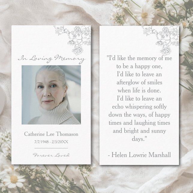 Cartão De Visita Elegant Floral Photo In Loving Memory Prayer Card (Elegant Floral Photo Funeral Prayer Card)