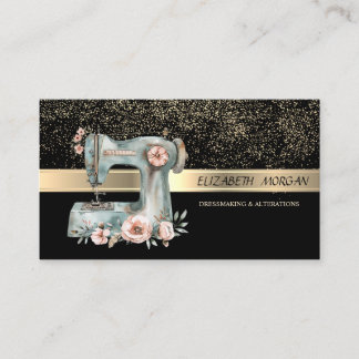 Cartão De Visita Elegant Gold Confetti,Floral Sewing Machine