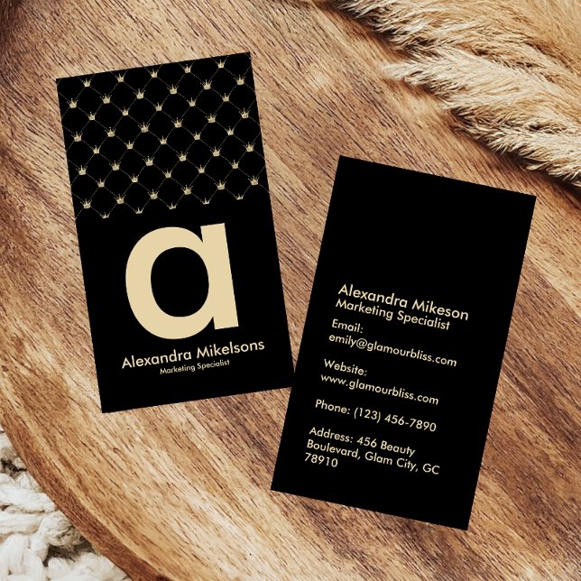 Cartão De Visita Elegant Gold Crown Grid Black Minimal (Criador carregado)