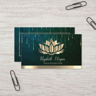 Cartão De Visita Elegant Gold Lotus Faixa Dourada Pingos Yoga Verde