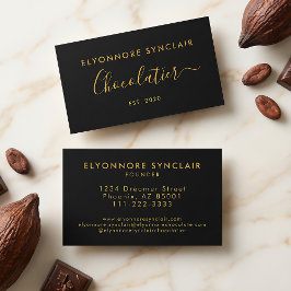 Cartão De Visita Elegant Gold Script Chocolatier Branding Black
