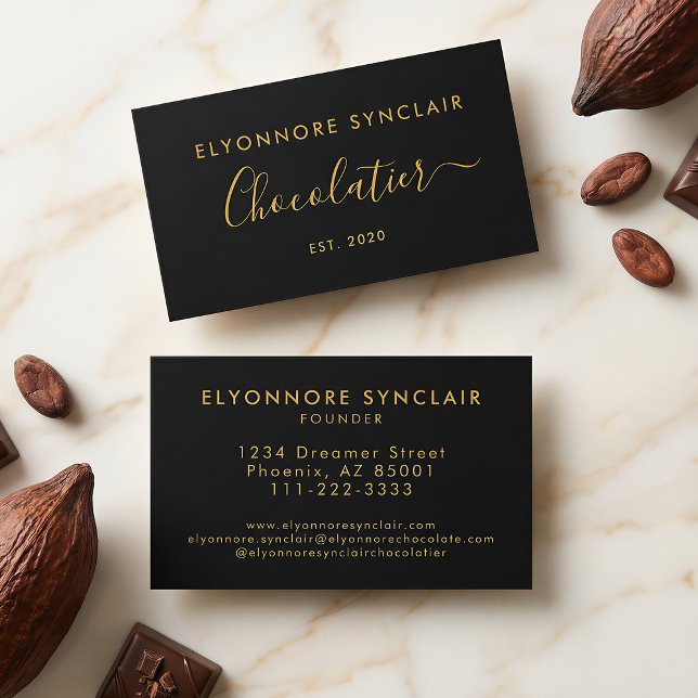 Cartão De Visita Elegant Gold Script Chocolatier Branding Black (Criador carregado)