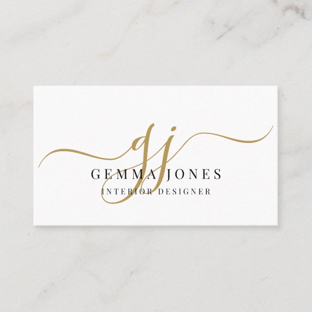 Cartão De Visita Elegant Gold Script Monogram Interior Designer (Frente)