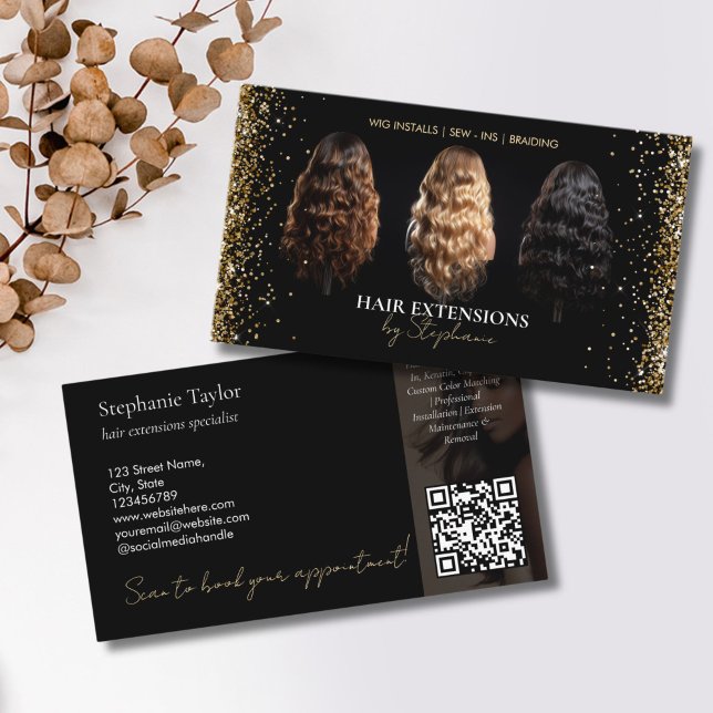Cartão De Visita Elegant Luxury Hair Extensions Wig Installs Photo (wigs business card with gold glitter details)