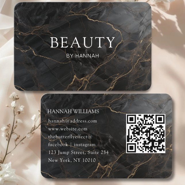 Cartão De Visita Elegant Marble Black-Gold Salon QR Code (Elegant Marble Black-Gold Salon QR Code Business Card)