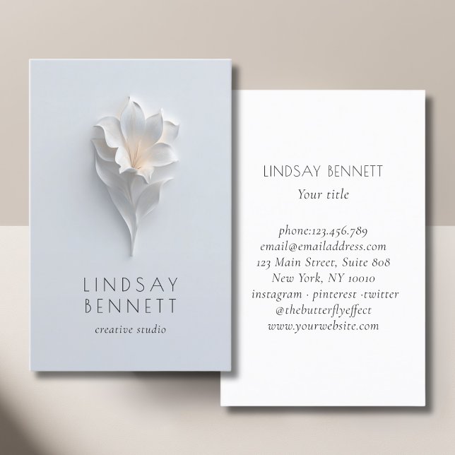 Cartão De Visita Elegant Minimalist Floral White Blue (Elegant Minimalist Floral White Blue Business Card)