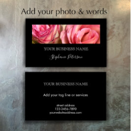 Cartão De Visita Elegant Modern Black Custom Floral Photo Template 