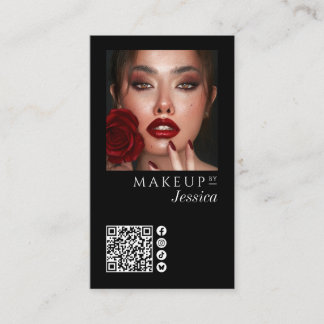 Cartão De Visita Elegant Photo Black QR Code Social Icons Makeup