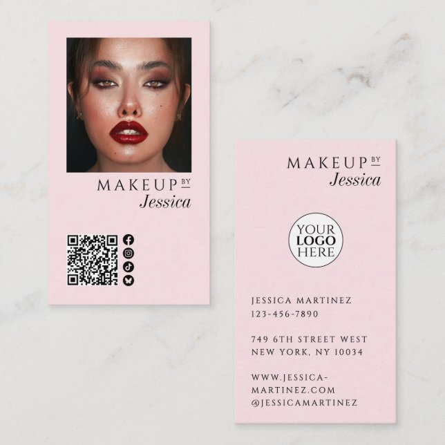 Cartão De Visita Elegant Photo Blush Pink QR Code Social Makeup (Frente/Verso)