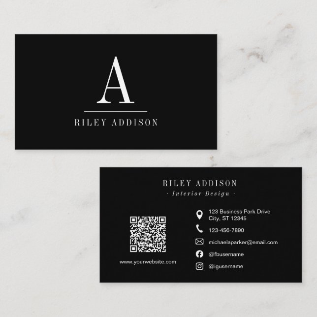 Cartão De Visita Elegant Professional Monogram Minimalist Black  (Frente/Verso)