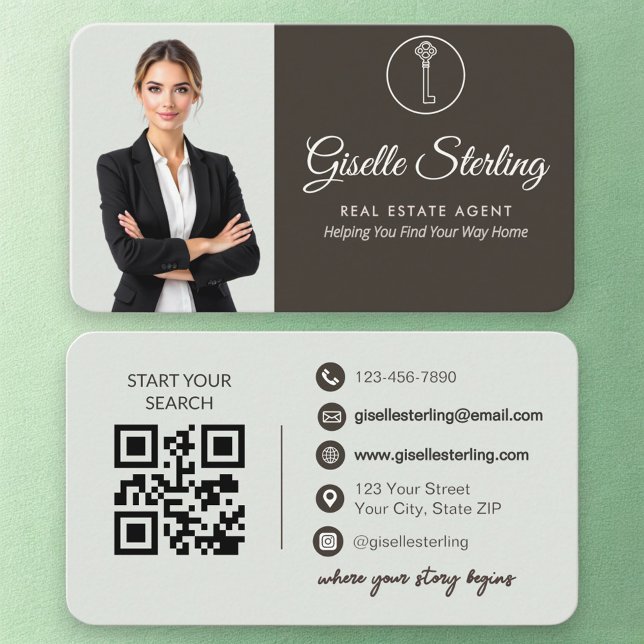 Cartão De Visita Elegant Sage Green Photo Real Estate Agent QR Code (Criador carregado)