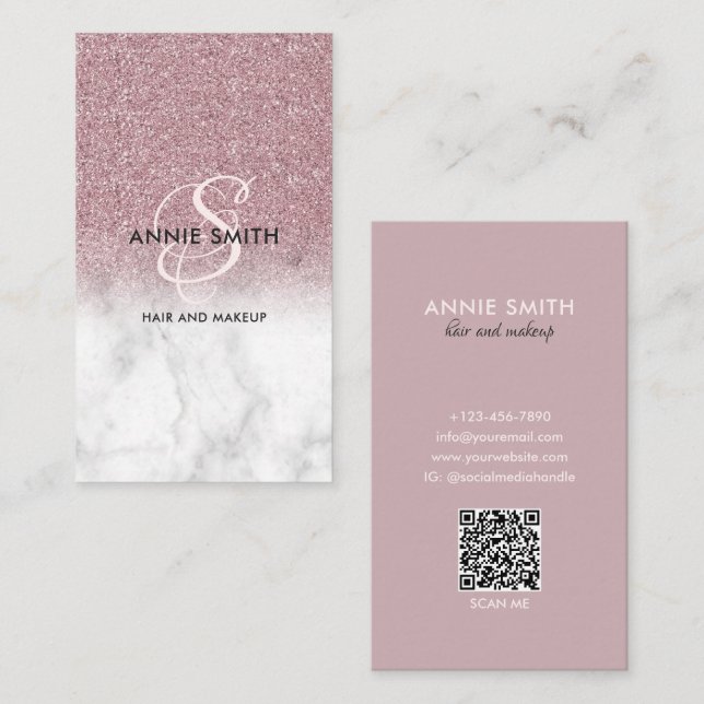 Cartão De Visita  Elegant Script Monogram Marble Rose Gold Glitter (Frente/Verso)