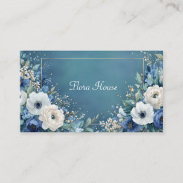 Cartão De Visita Elegant Teal Blue Floral Gold Frame Watercolor