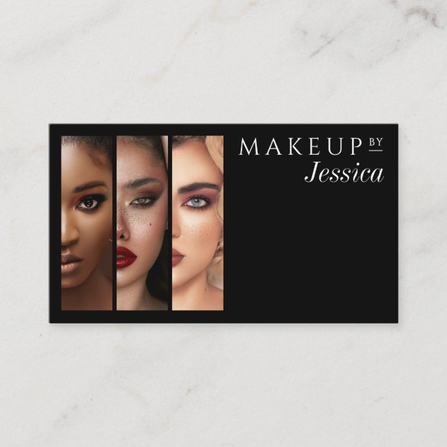 Cartão De Visita Elegant Typography Black White 3 Photo Makeup (Frente)