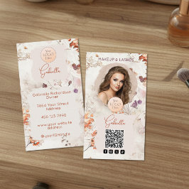 Cartão De Visita Elegant Watercolor Logo QR Code Photo Makeup