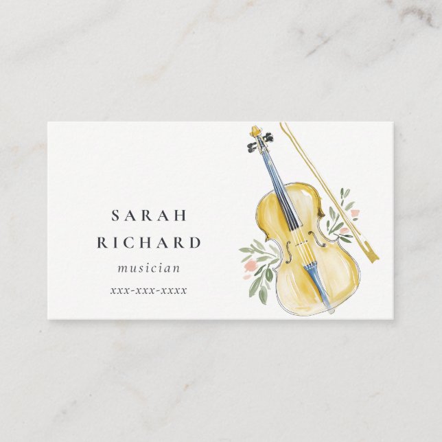 Cartão De Visita Elegant Watercolor Violin Musician Music Teacher (Frente)