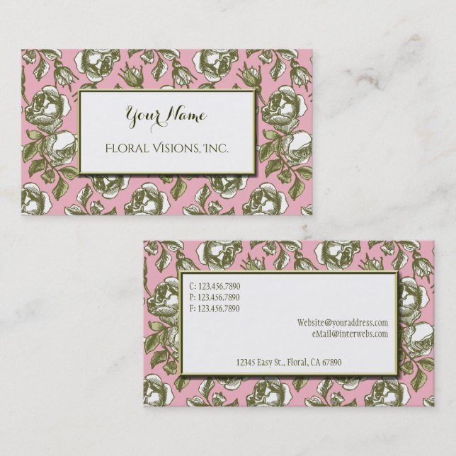 Cartão De Visita Elegant White and Gold Roses on Pink Custom (Frente/Verso)