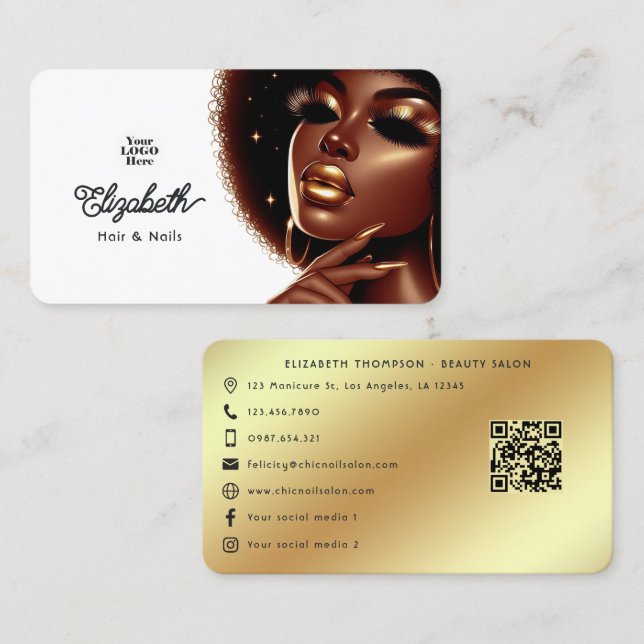 Cartão De Visita Elegante Afro Glam Melanin Chic Hair & Nail Salon (Frente/Verso)