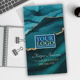 Cartão De Visita Elegante Ágata Azul-turquesa e Ouro, Logotipo Códi