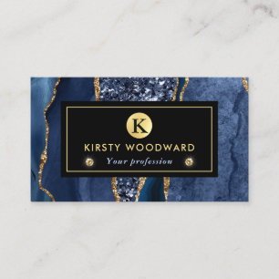 Cartão De Visita Elegante Ágata Brilho Oceano Azul e Dourado